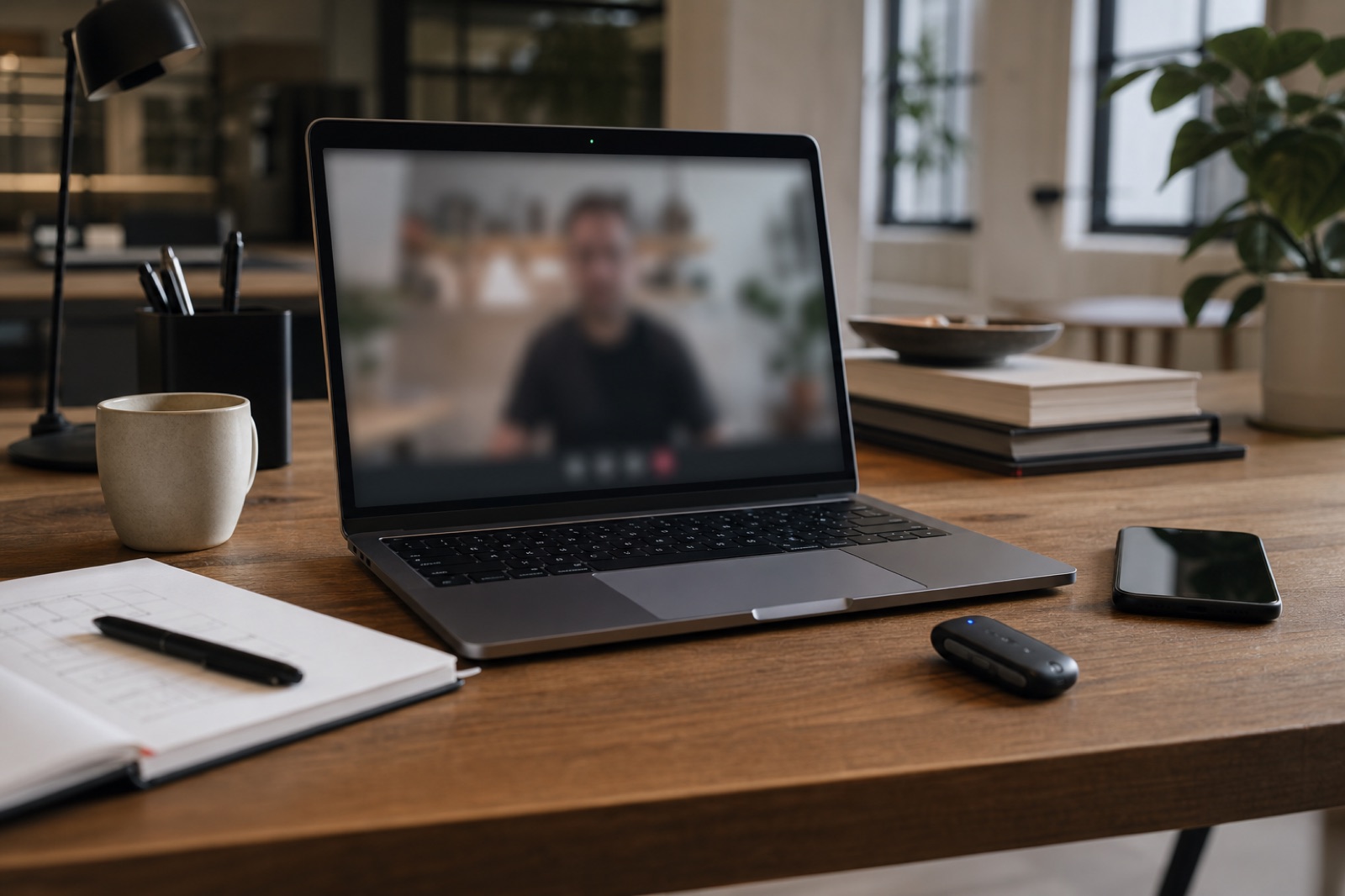 Laptop dopo una video call, con registratore e telefono sulla scrivania